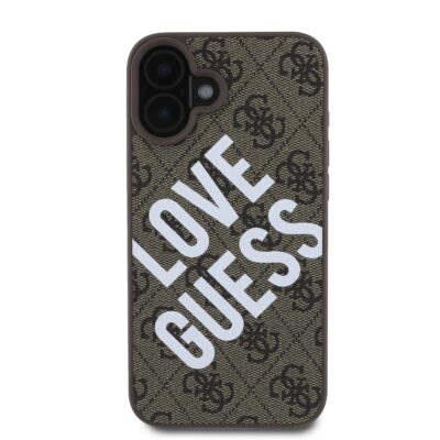 Rudas dėklas Guess PU Leather 4G Big Love Logo MagSafe telefonui Apple iPhone 16