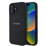 Juodas dėklas Guess Saffiano Peony Stamp MagSafe telefonui Apple Iphone 16 su reljefiniu raštu ir logotipu