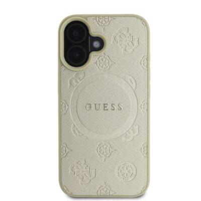 Auksinis dėklas Guess Saffiano Peony Stamp MagSafe telefonui Apple iPhone 16 su reljefiniu raštu ir logotipu