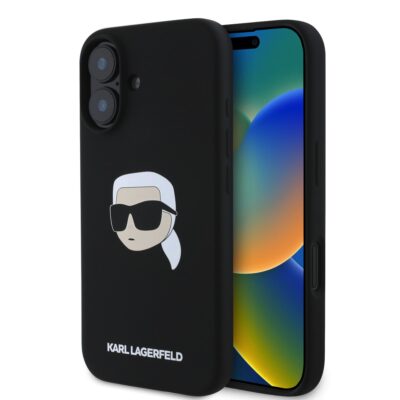 Juodas dėklas Karl Lagerfeld Liquid Silicone su Karl Head MagSafe iPhone 16
