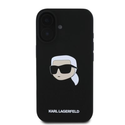 Juodas dėklas Karl Lagerfeld su unikaliu Karl galvos piešiniu iPhone 16 telefonui