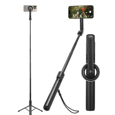 Juoda asmenukių lazda SPIGEN S580W MAGSAFE BLUETOOTH SELFIE STICK LONG TRIPOD su telefonų laikikliu ir trikojiniu stoveliu