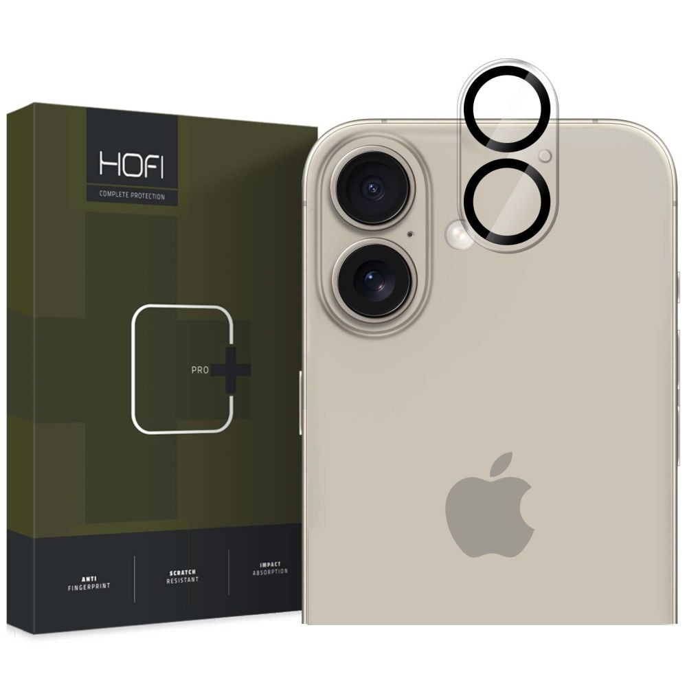 Skaidrus stiklas galiniai kamerai Apple Iphone 16 / 16 Plus Hofi Cam Pro+ Skaidrus stiklas galiniai kamerai Apple Iphone 16 su apsauginiu dangteliu ir juoda rėmeliu aplink kamerų objektyvus
