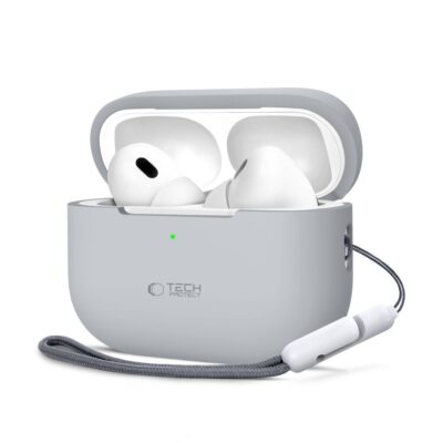 Pilkas dėklas Apple Airpods Pro 1 2 Tech-Protect Silicone su ausinėmis ir lyno kilpa