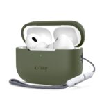 Olive dėklas Apple Airpods Pro 1 2 Tech-Protect Silicone su ausinėmis ir pilka virvute
