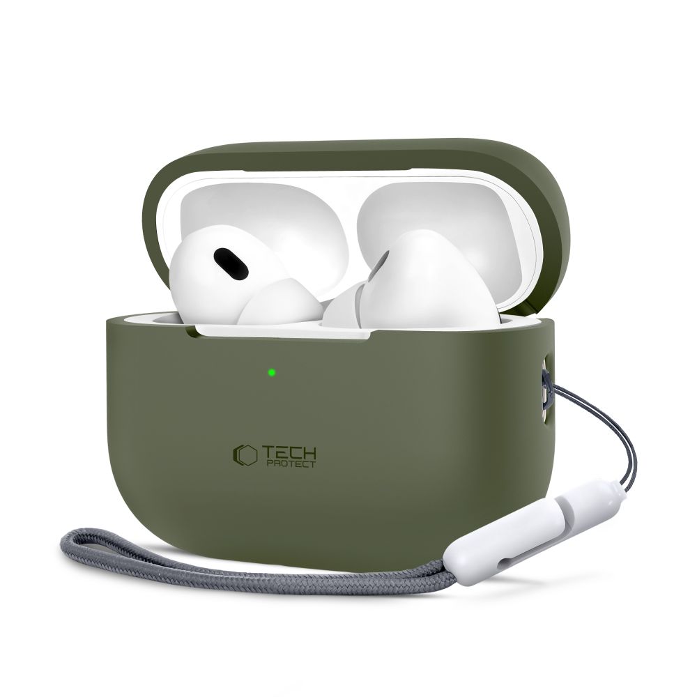Olive dėklas Apple Airpods Pro 1 / 2 Tech-Protect Silicone Olive dėklas Apple Airpods Pro 1 2 Tech-Protect Silicone su ausinėmis ir pilka virvute