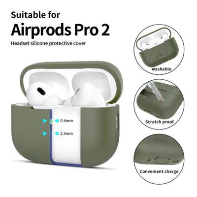 Olive dėklas Apple Airpods Pro 1 ir 2 su silikoniniu apsauginiu dangteliu, atsparus įbrėžimams ir skalbiamas