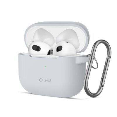 Pilkas dėklas Apple Airpods 3 Tech-Protect Silicone Hook su ausinėmis ir kabliu