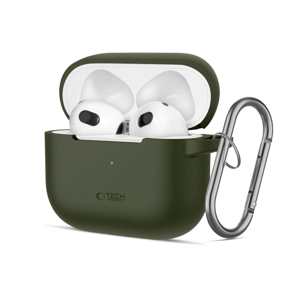 Žalias dėklas Apple Airpods 3 Tech-Protect Silicone Hook Žalias dėklas Apple Airpods 3 Tech-Protect Silicone Hook su ausinėmis atidarytu dangteliu