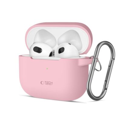 Rožinis dėklas Apple Airpods 3 Tech-Protect Silicone Hook su metaliniu karabinu