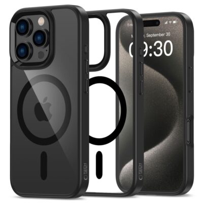 Juodas-skaidrus dėklas Apple Iphone 16 Pro Tech-Protect Magmat Magsafe su apvaliais magnetiniais ženklais