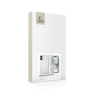 Matinis baltas dėklas Apple Iphone 16 Tech-Protect Magslim Magsafe pakuotė su dėklo vaizdu