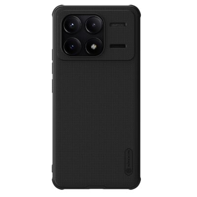 Juodas plastikinis dėklas Xiaomi Poco F6 Pro Nillkin Frosted Shield Pro Magnetic su tekstūru ir tvirtomis kampinėmis apsaugomis