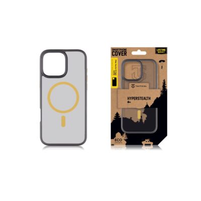 Juodas-geltonas dėklas Apple Iphone 16 Pro Max Hyperstealth 2.0mm su apsauginiu žiedu ir pakuote