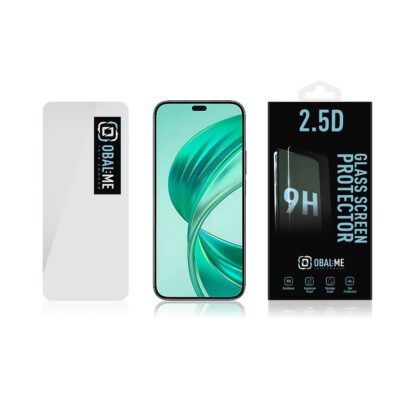Skaidrus apsauginis ekrano stikliukas Honor 200 Lite OBALME 2.5D Glass Screen Protector šalia telefono ir pakuotės