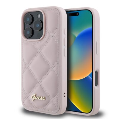 Rausvas originalus dėklas Guess PU Leather Quilted telefonui Apple iPhone 16 Pro Max su kvadratiniu raštu