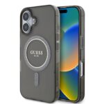 Juodas originalus deklas Guess 4G IML MagSafe telefonui Apple iPhone 16 matomas is priekio ir is galo