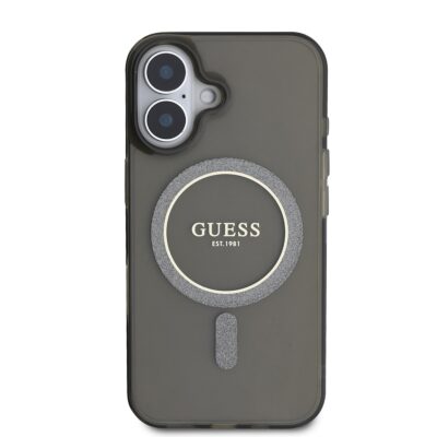 Juodas originalus dėklas Guess 4G IML MagSafe Apple iPhone 16 telefonui su išraiškingu logotipu