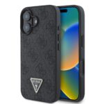Juodas dėklas Guess PU 4G Strass Triangle Metal Logo telefonui Apple iPhone 16 su tekstūru ir metaliniu logotipu