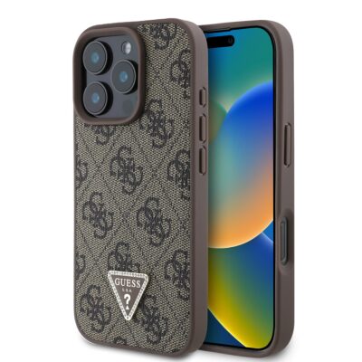 Rudas dėklas Guess PU 4G Strass Triangle Metal Logo telefonui Apple iPhone 16 Pro su monograma ir trikampiu logotipu