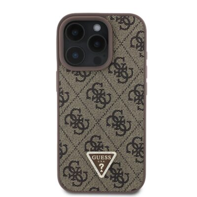 Rudas dėklas Guess PU 4G Strass Triangle Metal Logo telefonui Apple iPhone 16 Pro Max su monogramomis ir trikampiu logotipu