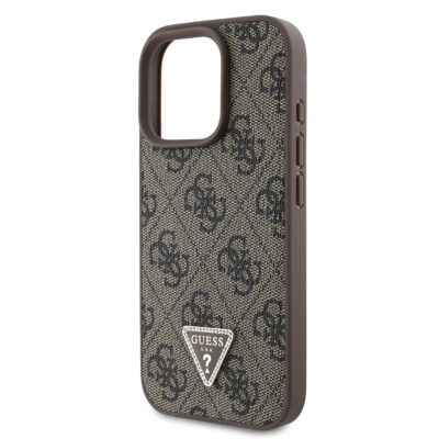 Rudas dėklas Guess PU 4G Strass Triangle Metal Logo telefonui Apple iPhone 16 Pro Max su raštu ir metaliniu logotipu
