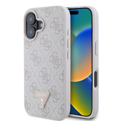 Rausvas dėklas Guess PU 4G Strass Triangle Metal Logo telefonui Apple iPhone 16 su tekstūruotu paviršiumi