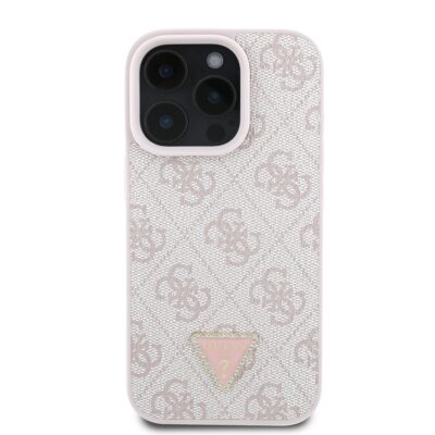 Rausvas dėklas Guess PU 4G Strass Triangle Metal Logo telefonui Apple iPhone 16 Pro Max su logotipo detale