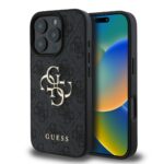 pilkas originalus deklas guess pu 4g metal logo telefonui apple iphone 16 pro su auksiniu logotipu