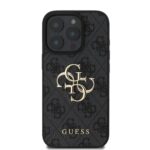 Pilkas originalus dėklas Guess PU 4G Metal Logo telefonui Apple Iphone 16 Pro Max su raštu ir metaliniu logotipu