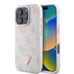 Rausvas dėklas Guess PU 4G Strass Triangle Metal Logo Apple iPhone 16 Pro su tekstūriniu paviršiumi ir trikampiu metaliniu logotipu