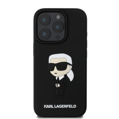 Juodas originalus dėklas Karl Lagerfeld 3D Rubber Ikonik telefonui Apple iPhone 16 Pro Max su mielu Karl Lagerfeld 3D piešiniu
