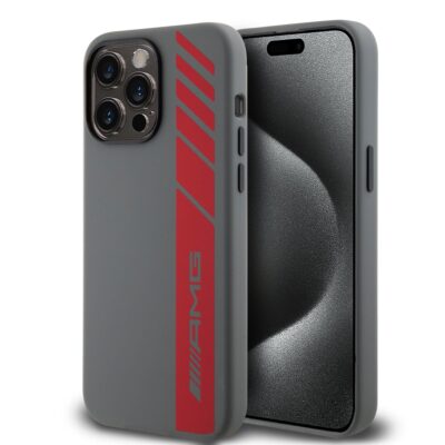 Pilkas originalus dėklas AMG Liquid Silicone Vertical Logo MagSafe telefonui Apple iPhone 15 Pro Max su raudonu vertikaliu logotipu