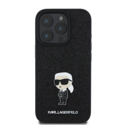 Juodas blizgantis originalus dėklas Karl Lagerfeld Fixed Glitter Metal Ikonik telefonui Apple iPhone 16 Pro su mažo žmogaus ikoniniu paveikslėliu