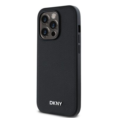 Juodas dėklas telefonui Apple Iphone 14 Pro su DKNY PU odos tekstūra ir sidabro spalvos metaliniu logotipu