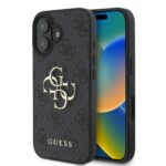Pilkas originalus deklas Guess PU 4G Metal Logo telefonui Apple Iphone 16 Plus su metaliniu logotipu ir tekstura