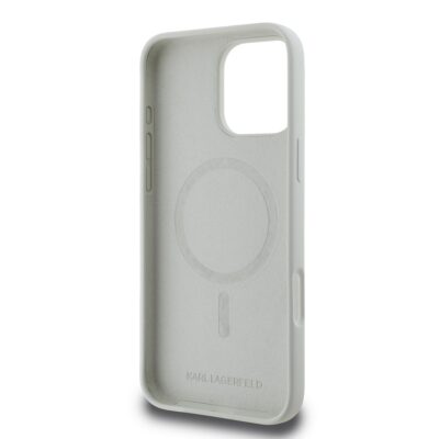 Beige deklas Karl Lagerfeld Liquid Silicone KCH Heads MagSafe telefonui Apple Iphone 16 Pro atverstas is vidines puses