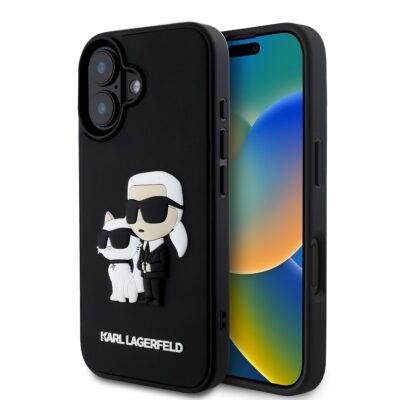 Juodas originalus dėklas Karl Lagerfeld 3D Rubber Karl and Choupette telefonui Apple iPhone 16 su iškiliais Karl ir Choupette personažais
