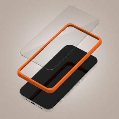 Ekrano ir kameros apsauginis stiklas Apple Iphone 16 su oranžiniu montavimo rėmeliu