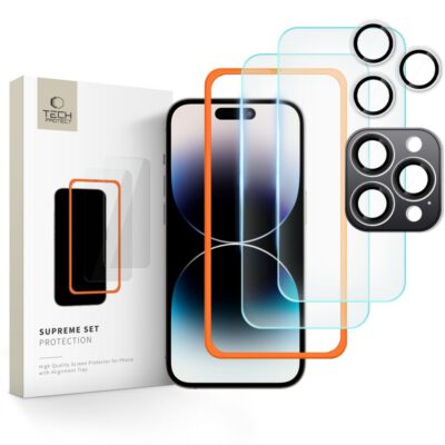 Ekrano ir kameros apsauginis stiklas Apple Iphone 16 Pro Tech-Protect Supreme Set 3-Pack komplektas su skaidriais, plonais apsauginiais stiklais ir juodais žiedais