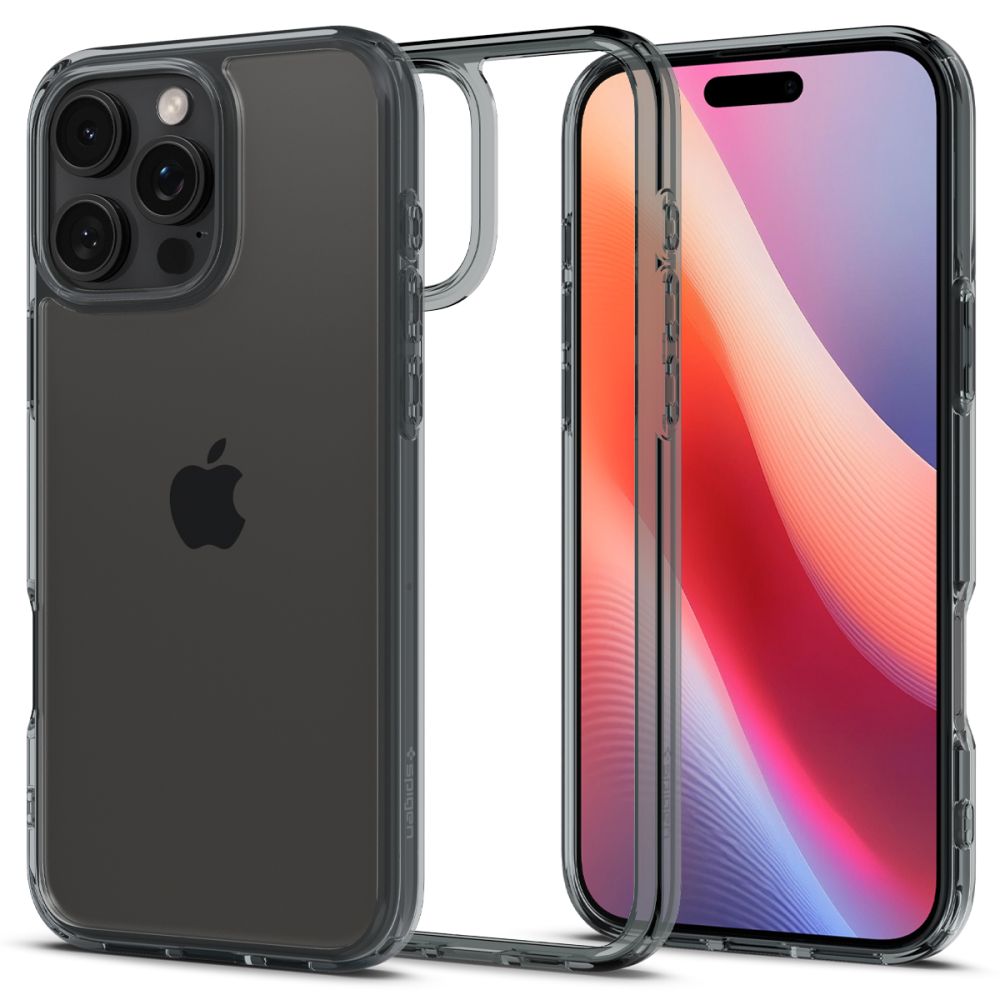 Skaidrus space dėklas Apple Iphone 16 Pro Max Spigen Ultra Hybrid Skaidrus space dėklas Apple Iphone 16 Pro Max Spigen Ultra Hybrid matomas iš trijų pusių su įtaisytomis kameromis ir ekranu