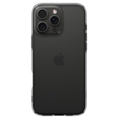 Skaidrus space deklas Apple Iphone 16 Pro Max Spigen Ultra Hybrid su matiniu juodu telefonu ir triju kameru moduliu