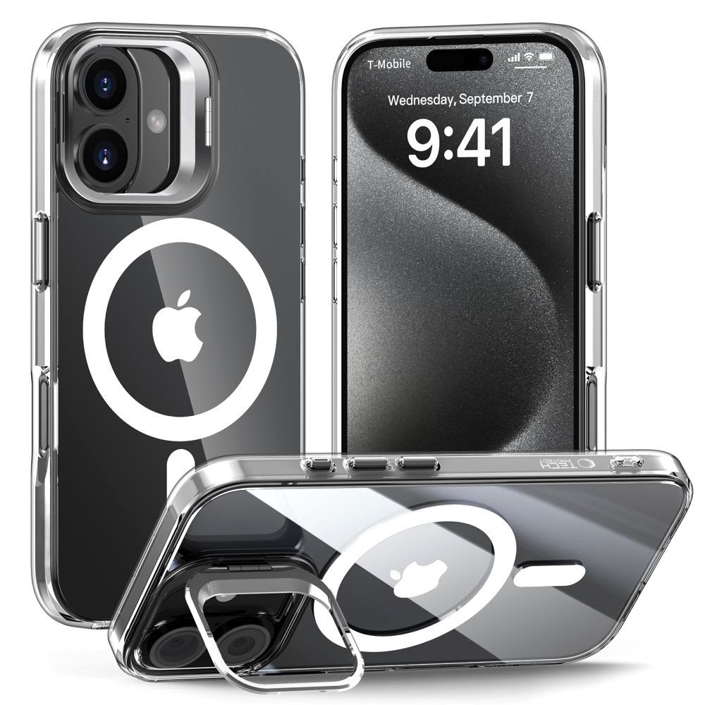 Skaidrus dėklas Apple Iphone 16 Tech-Protect Magstand Magsafe Skaidrus dėklas Apple Iphone 16 Tech-Protect Magstand Magsafe su matomu MagSafe žiedu ir fotoaparato išpjovomis