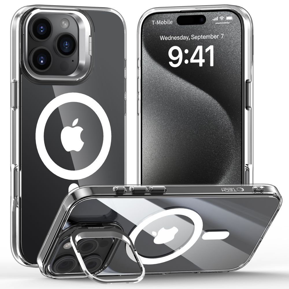 Skaidrus dėklas Apple Iphone 16 Pro Tech-Protect Magstand Magsafe skaidrus dekla apple iphone 16 pro tech protect magstand magsafe su magnetiniu ziedu ir laikikliu