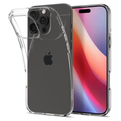 skaidrus deklas apple iphone 16 pro spigen liquid crystal su atvira kamera ir mygtuku vieta