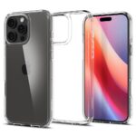 Skaidrus deklas Apple Iphone 16 Pro Spigen Ultra Hybrid matomas is priekio ir galo su spalvotu ekranu ir kamera