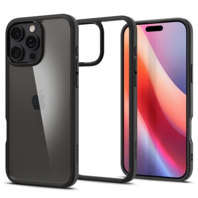 Juodas matinis dėklas Apple Iphone 16 Pro Spigen Ultra Hybrid su permatomu nugarėle ir juodu rėmeliu