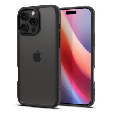 juodas matinis deklas apple iphone 16 pro spigen ultra hybrid ant telefono su matine juoda spalva