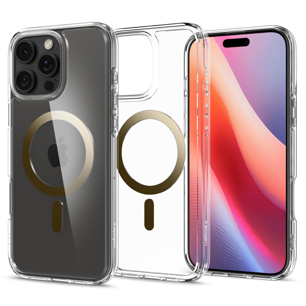 Auksinis deklas Apple Iphone 16 Pro Spigen Ultra Hybrid Mag Magsafe Skaidrus auksinis deklas Apple Iphone 16 Pro Spigen Ultra Hybrid Mag Magsafe su apsauga ir MagSafe ziedu