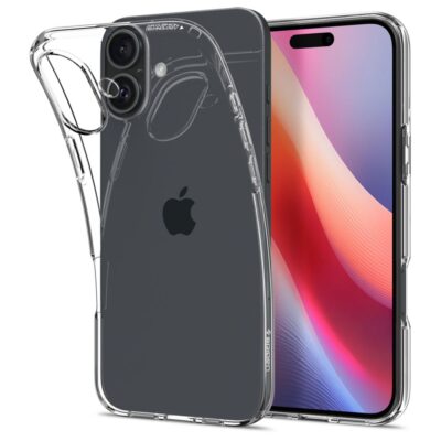 Skaidrus dėklas Apple Iphone 16 Spigen Liquid Crystal aplink juodą telefoną su matomais kameros lęšiais ir ekranu